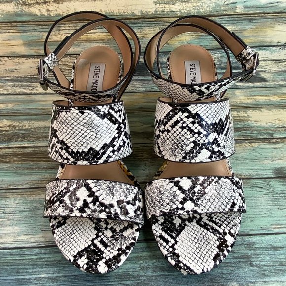 Steve Madden Carlin Black Ankle Strap Sandal Snake Print Wedge Heel Womens 7.5M - Picture 4 of 14